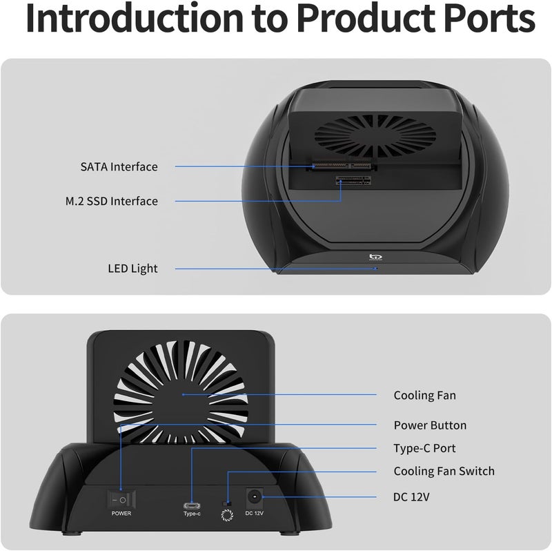 xiaobi Hard Drive Docking Station, Pcie NVMe Adapter with Cooling Fan Superior Cooling Efficiency, External Hard Drive Reader Compatible with M.2 NVMe/SATA SSD & 2.5" and 3.5" SATA HDD SSD - Image 2